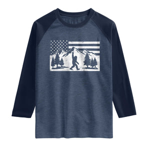 Patriotic Bigfoot American Flag in Forest Raglan Shirt TS11 Heather Denim Navy Print Your Wear