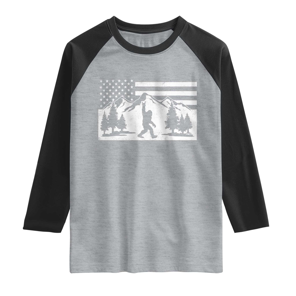 Patriotic Bigfoot American Flag in Forest Raglan Shirt TS11 Heather Gray Black Print Your Wear