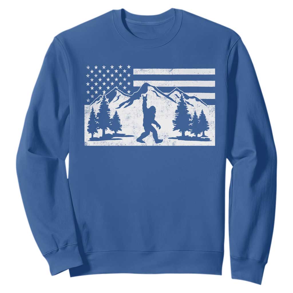Patriotic Bigfoot American Flag in Forest Sweatshirt TS11 Royal Blue Print Your Wear