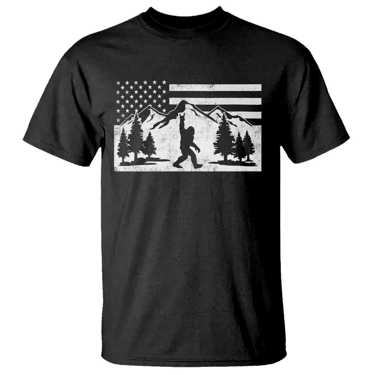 Patriotic Bigfoot American Flag in Forest T Shirt TS11 Black Print Your Wear