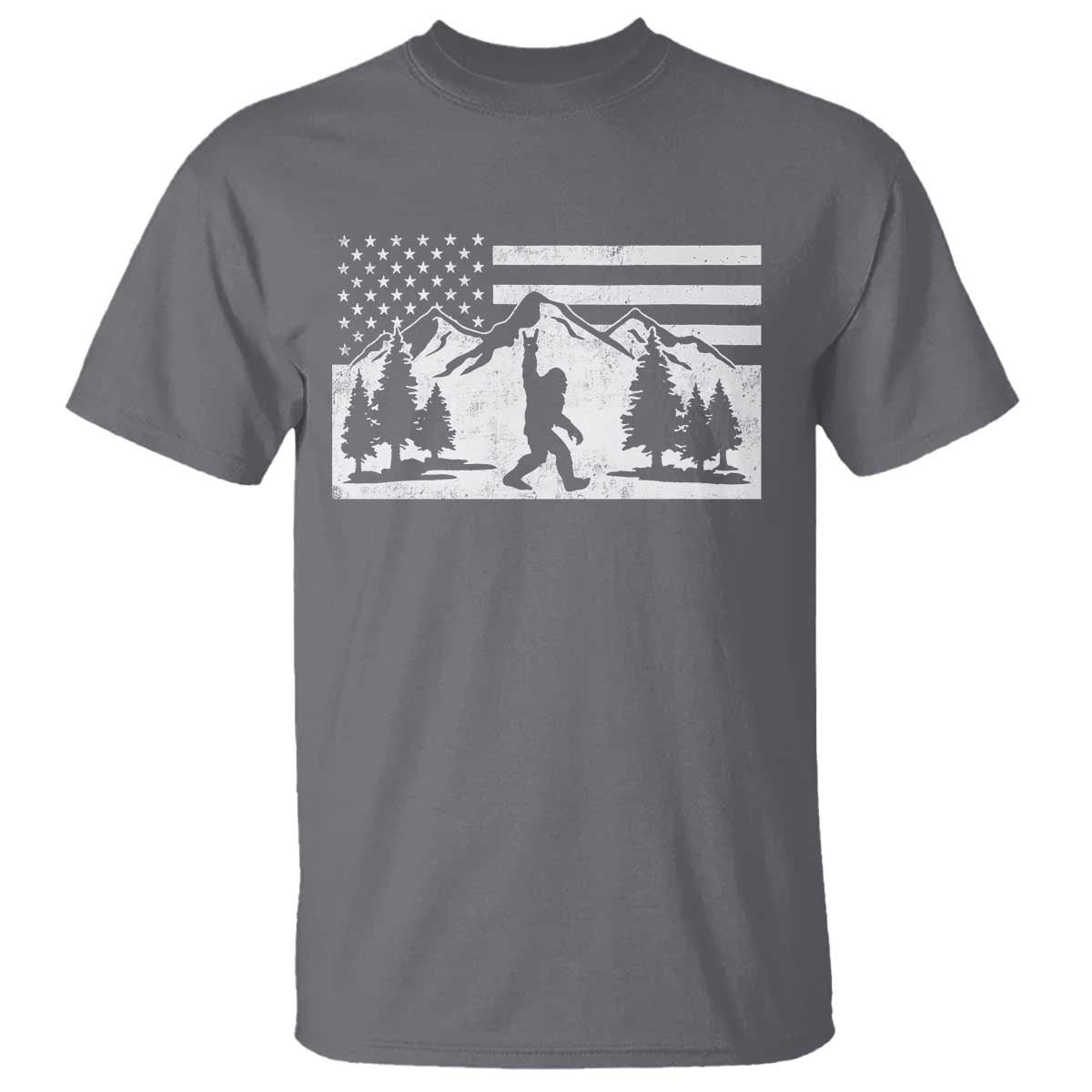 Patriotic Bigfoot American Flag in Forest T Shirt TS11 Charcoal Print Your Wear
