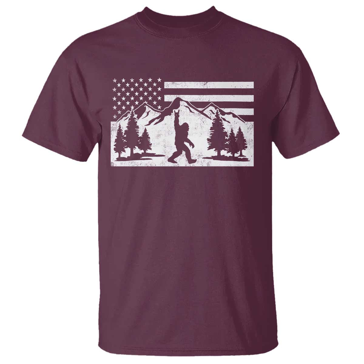 Patriotic Bigfoot American Flag in Forest T Shirt TS11 Maroon Print Your Wear