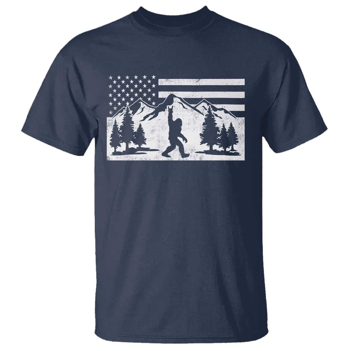 Patriotic Bigfoot American Flag in Forest T Shirt TS11 Navy Print Your Wear