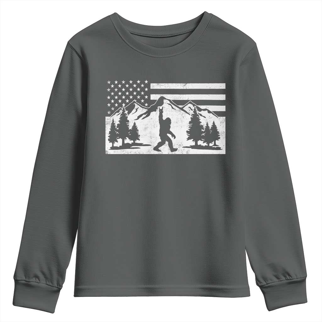 Patriotic Bigfoot American Flag in Forest Youth Sweatshirt TS11 Dark Heather Print Your Wear