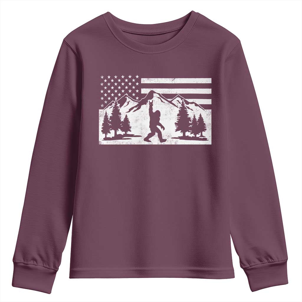 Patriotic Bigfoot American Flag in Forest Youth Sweatshirt TS11 Maroon Print Your Wear