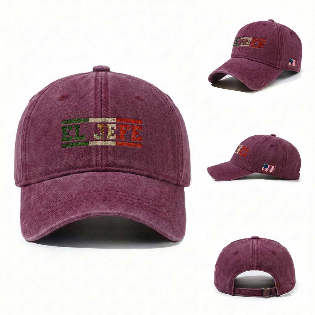 El Jefe Washed Cotton Baseball Cap Funny Mexican Boss Spanish Slang TS11 Washed Cap Universal Fit Burgundy Print Your Wear