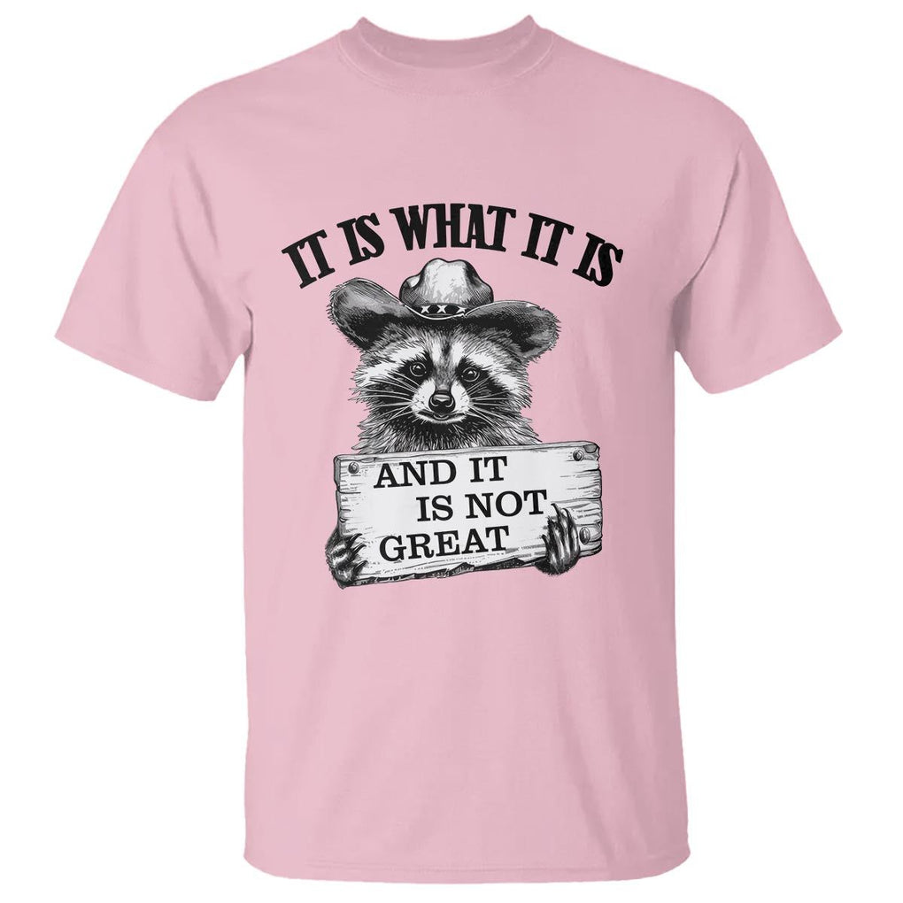 Funny Raccoon T Shirt It Is What It Is And It Is Not Great Text Display Board TS11 Light Pink Print Your Wear