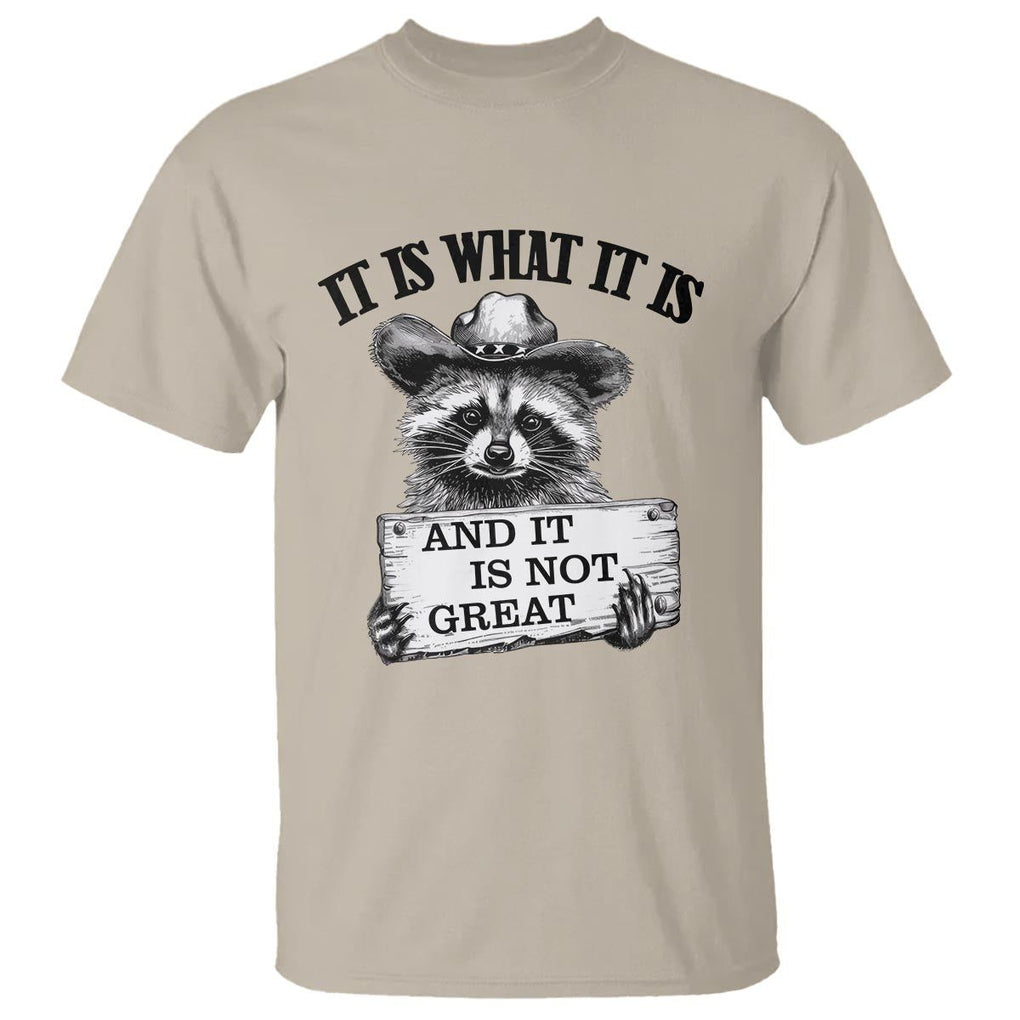 Funny Raccoon T Shirt It Is What It Is And It Is Not Great Text Display Board TS11 Sand Print Your Wear
