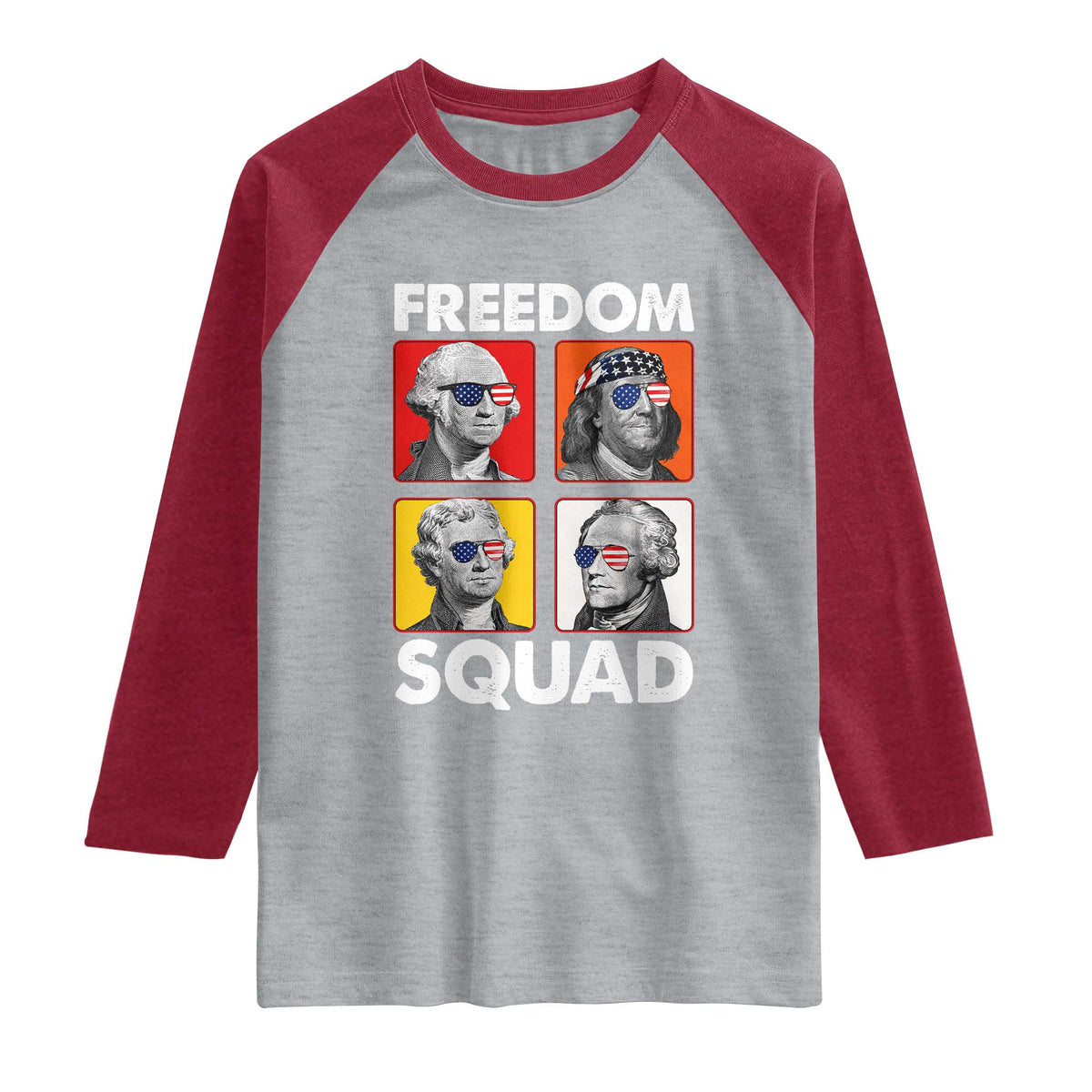 Freedom Squad Founding Fathers Raglan Shirt American Revolution 4th of July TS11 Heather Gray Heather Red Print Your Wear