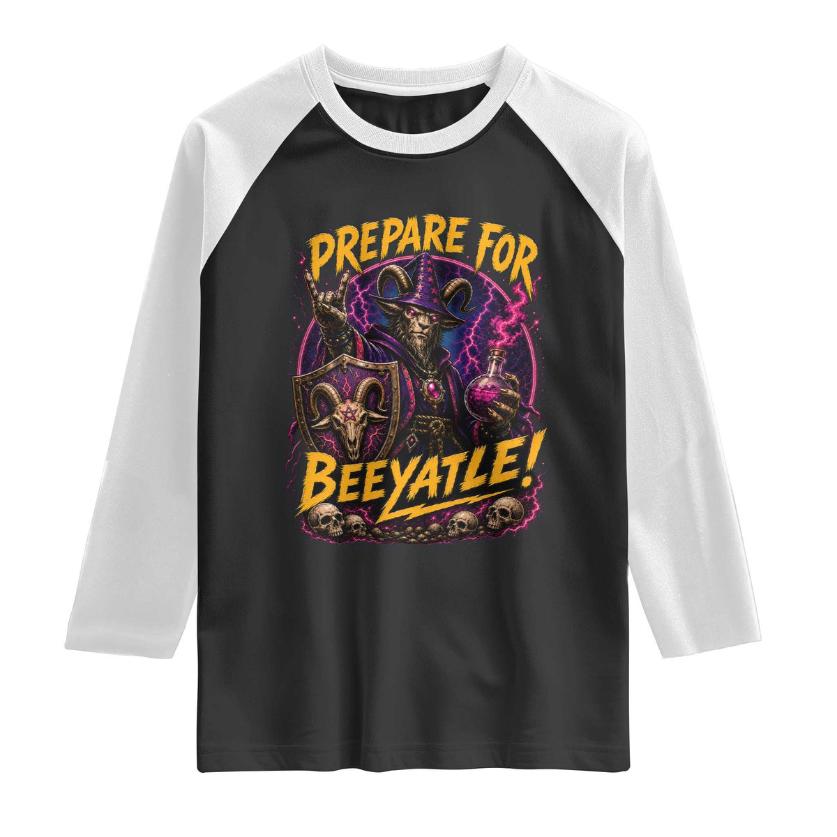Prepare For Beeyatle Raglan Shirt Funny Goat Wizard LitRPG Lover TS11 Black White Print Your Wear