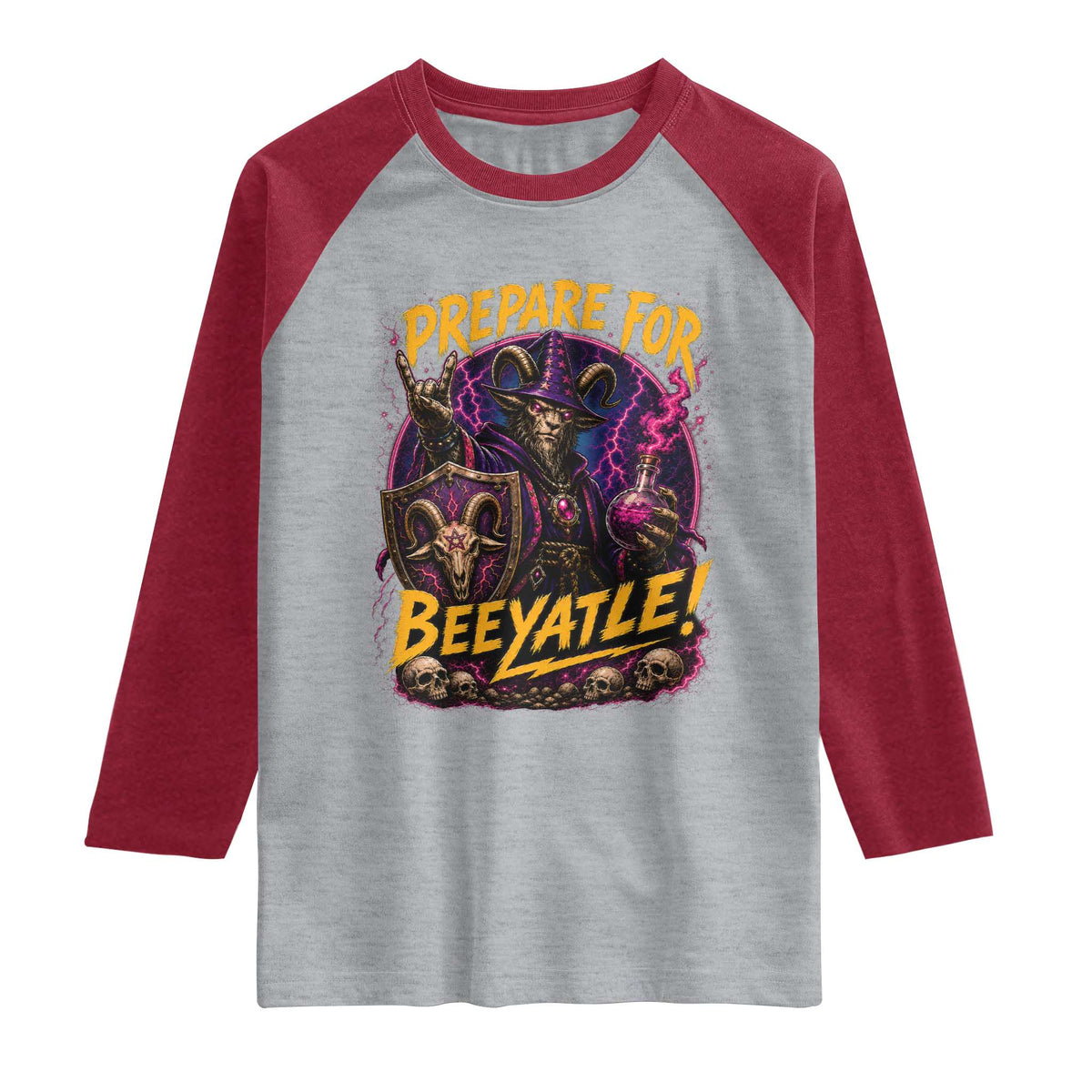 Prepare For Beeyatle Raglan Shirt Funny Goat Wizard LitRPG Lover TS11 Heather Gray Heather Red Print Your Wear
