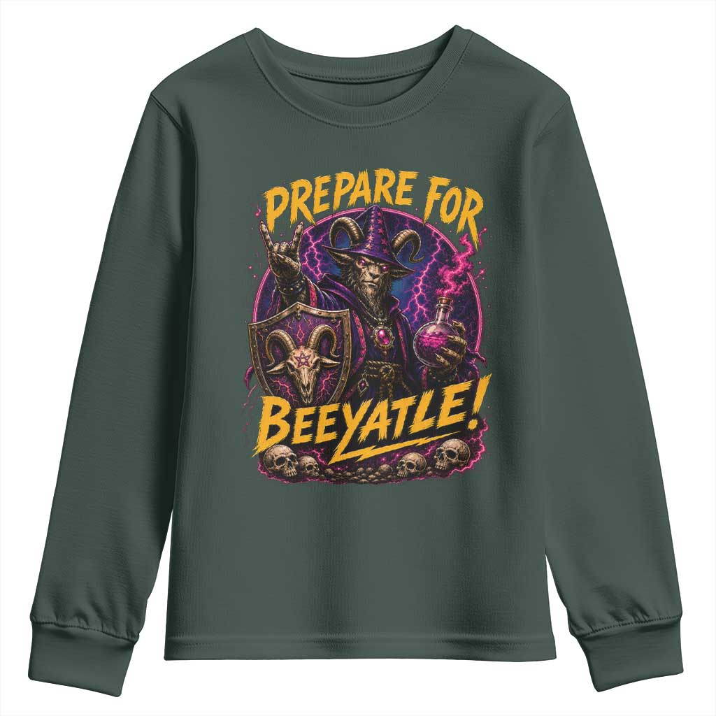 Prepare For Beeyatle Youth Sweatshirt Funny Goat Wizard LitRPG Lover TS11 Dark Forest Green Print Your Wear