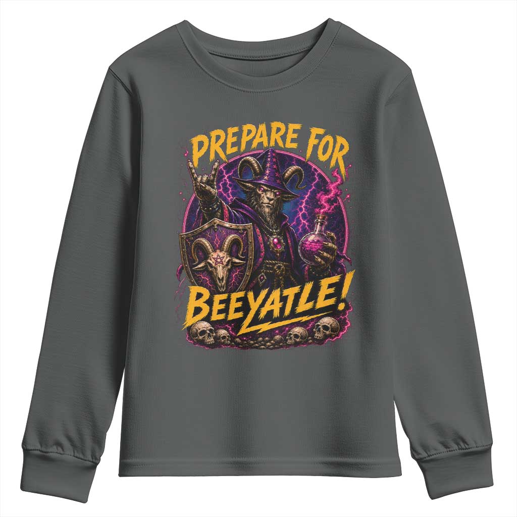 Prepare For Beeyatle Youth Sweatshirt Funny Goat Wizard LitRPG Lover TS11 Dark Heather Print Your Wear