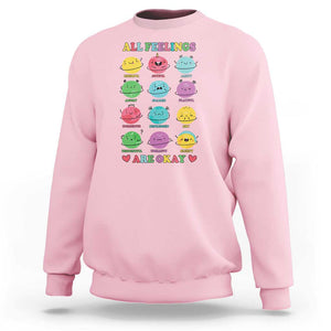 All Feelings Are Okay Sweatshirt School Teacher Psychologist Counselor Planets Back To School TS11 Light Pink Print Your Wear