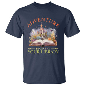 Book Reader T Shirt Adventure Begins At Your Library Castle Flower Librarian TS11 Navy Print Your Wear