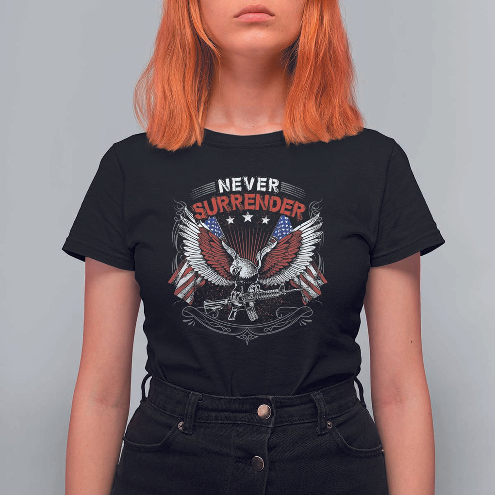 Trump 2024 T Shirt For Women Never Surrender Presidential Election Eagle US Flag TS11 Black Print Your Wear