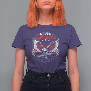 Trump 2024 T Shirt For Women Never Surrender Presidential Election Eagle US Flag TS11 Purple Print Your Wear