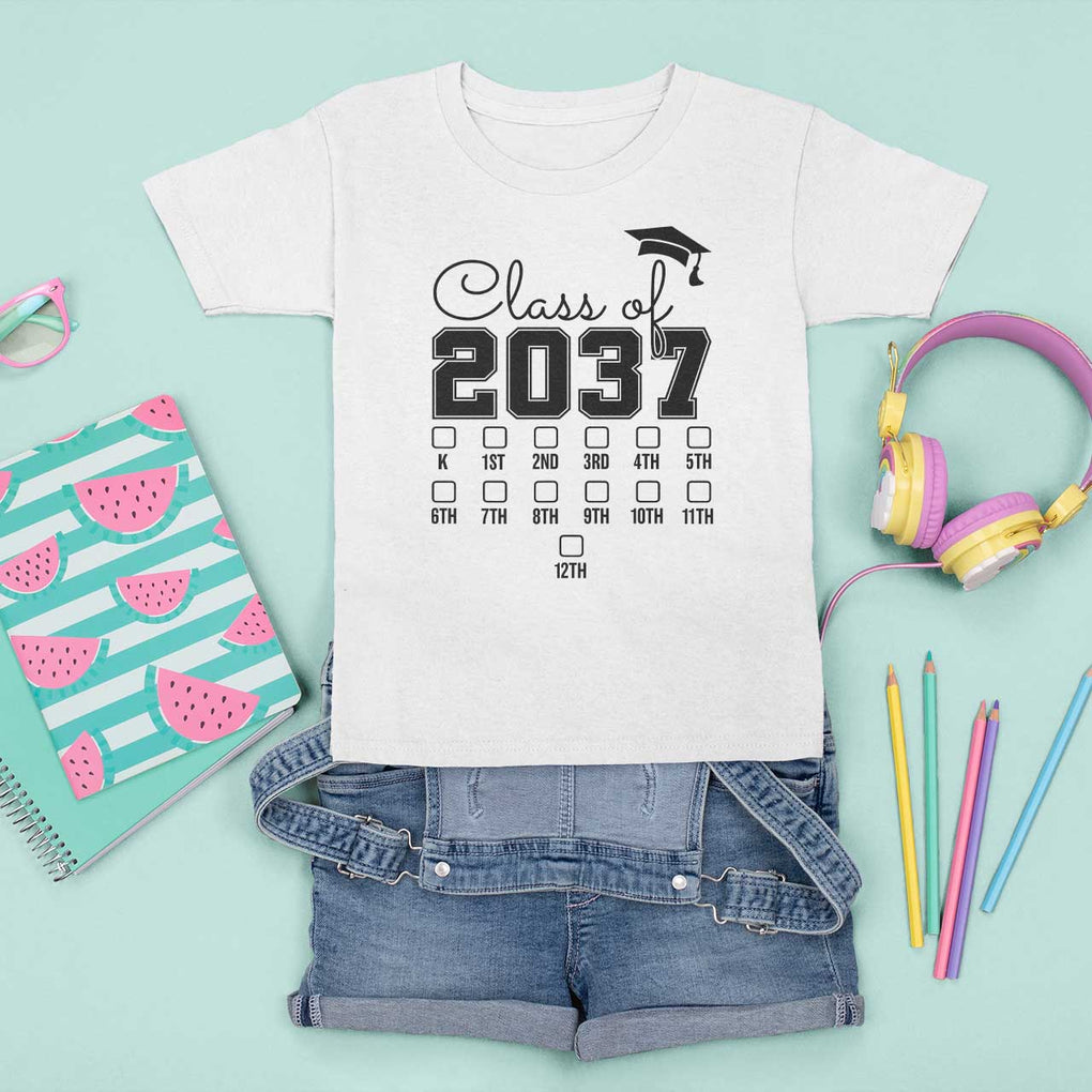 Class of 2037 T Shirt For Kid Grow With Me Pre-k To 12th Grade Handprint Mortarboard TS11 White Print Your Wear