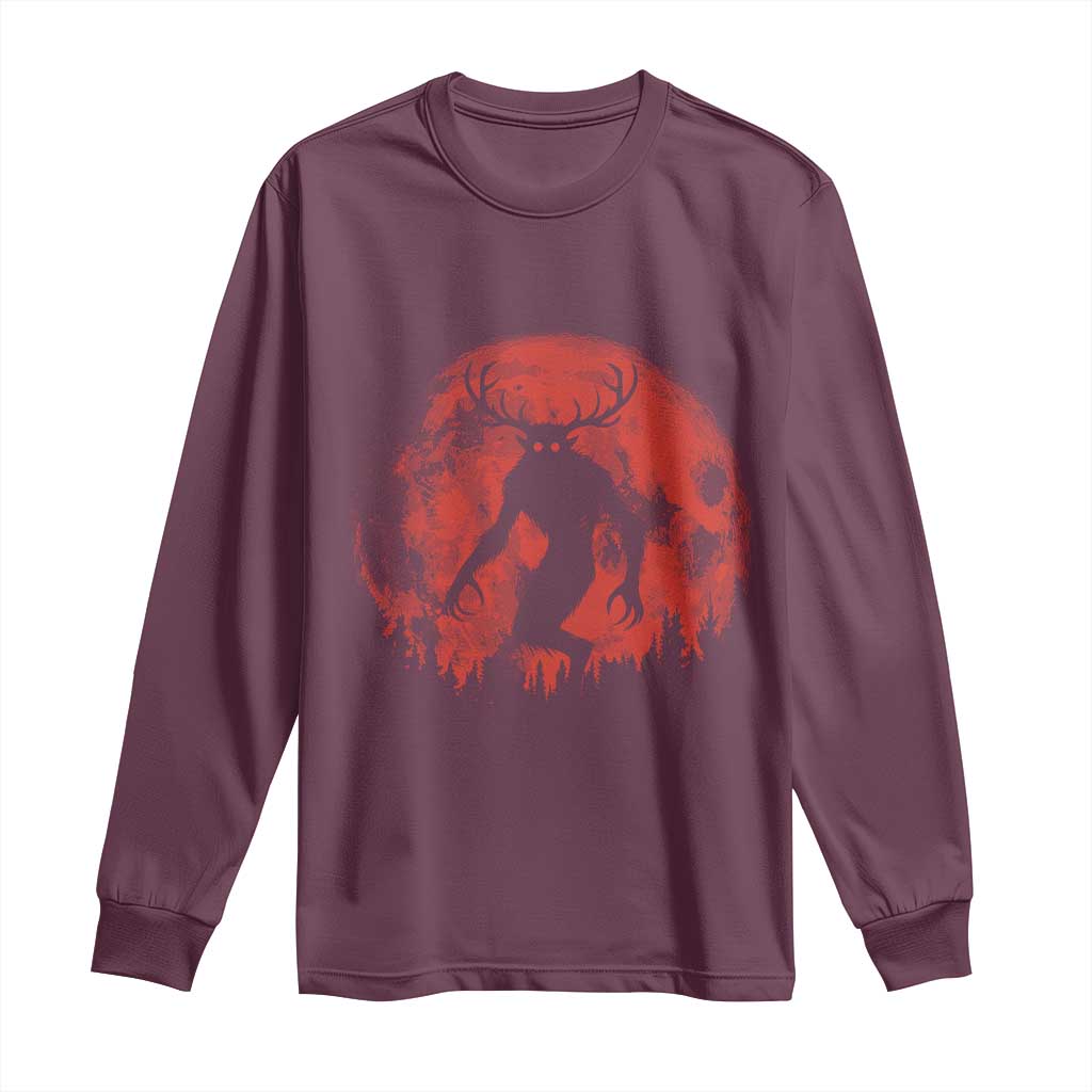 Wendigo Monster Long Sleeve Shirt Skinwalker Night Stroll Cryptid Full Moon Evil Monster TS11 Maroon Print Your Wear