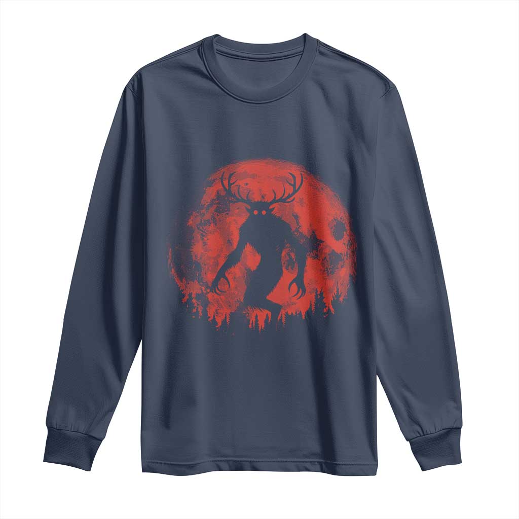 Wendigo Monster Long Sleeve Shirt Skinwalker Night Stroll Cryptid Full Moon Evil Monster TS11 Navy Print Your Wear