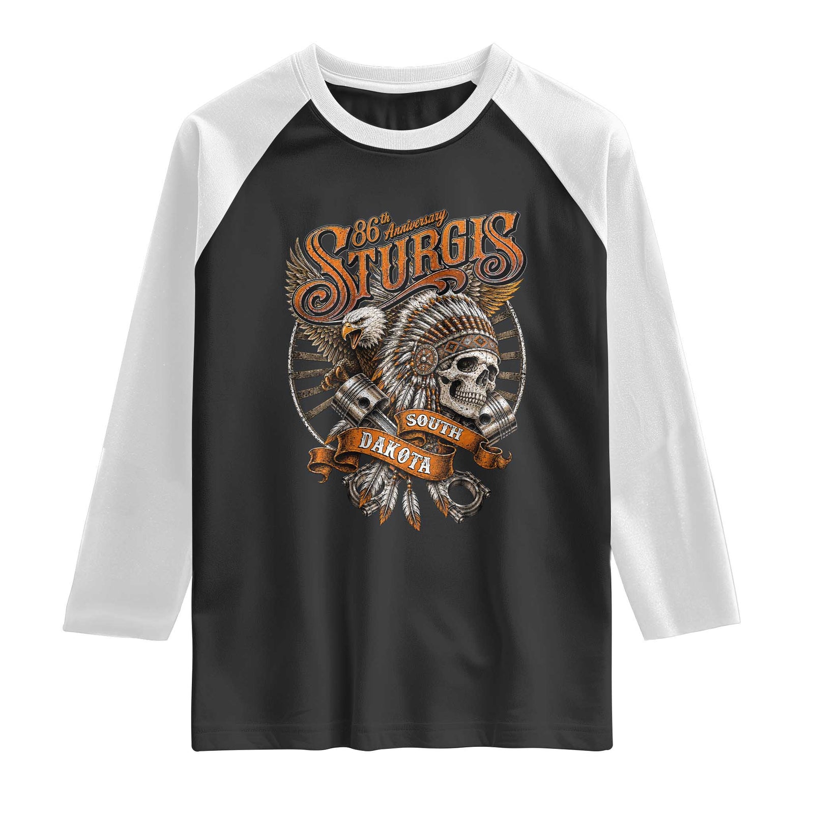 Sturgis South Dakota Indian American Rider Skull 86th Anniversary Raglan Shirt TS11 Black White Print Your Wear