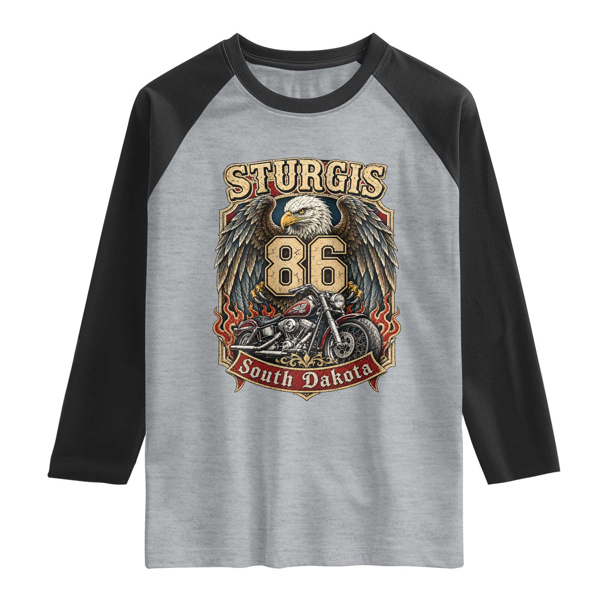 Sturgis South Dakota Motorcycle Lover Eagle 86th Anniversary Raglan Shirt TS11 Heather Gray Black Print Your Wear