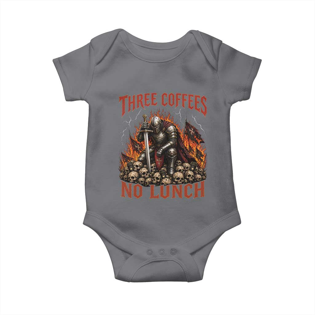 Three Coffees No Lunch Baby Onesie Funny Medieval Knight Coffee Lover TS11 Charcoal Print Your Wear