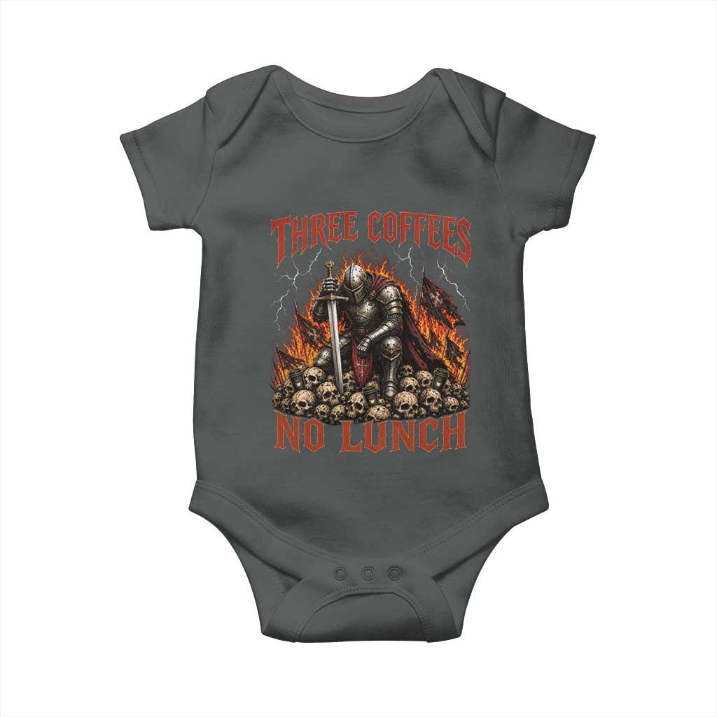 Three Coffees No Lunch Baby Onesie Funny Medieval Knight Coffee Lover TS11 Dark Heather Print Your Wear