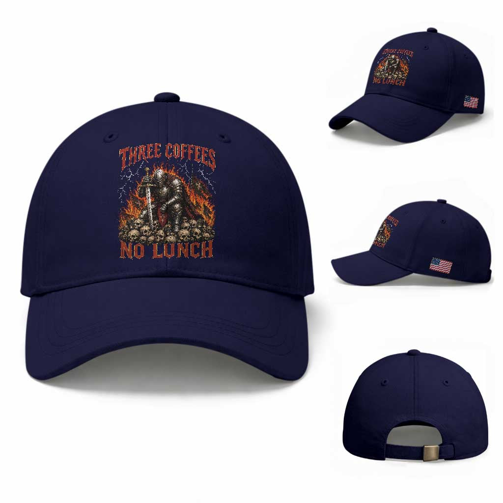 Three Coffees No Lunch Baseball Cap Funny Medieval Knight Coffee Lover TS11 Baseball Cap Universal Fit Dark Blue Print Your Wear