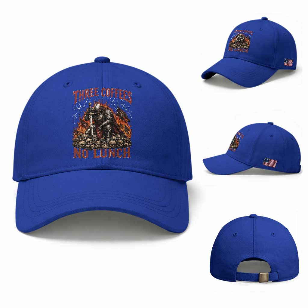 Three Coffees No Lunch Baseball Cap Funny Medieval Knight Coffee Lover TS11 Baseball Cap Universal Fit Royal Blue Print Your Wear
