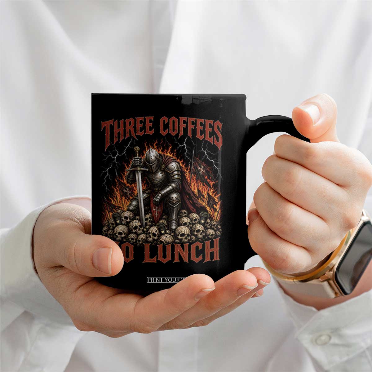 Three Coffees No Lunch Coffee Mug Funny Medieval Knight Coffee Lover TS11 Print Your Wear