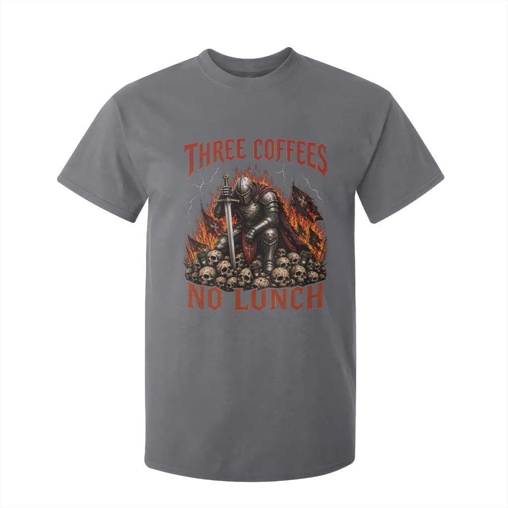 Three Coffees No Lunch T Shirt For Kid Funny Medieval Knight Coffee Lover TS11 Charcoal Print Your Wear
