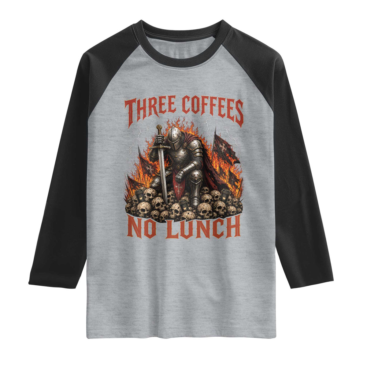 Three Coffees No Lunch Raglan Shirt Funny Medieval Knight Coffee Lover TS11 Heather Gray Black Print Your Wear