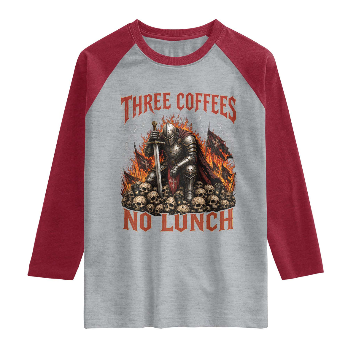 Three Coffees No Lunch Raglan Shirt Funny Medieval Knight Coffee Lover TS11 Heather Gray Heather Red Print Your Wear