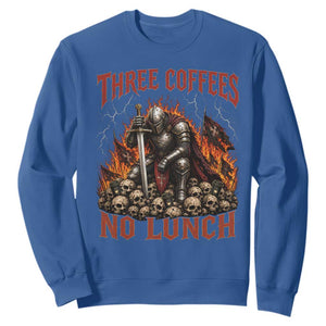Three Coffees No Lunch Sweatshirt Funny Medieval Knight Coffee Lover TS11 Royal Blue Print Your Wear
