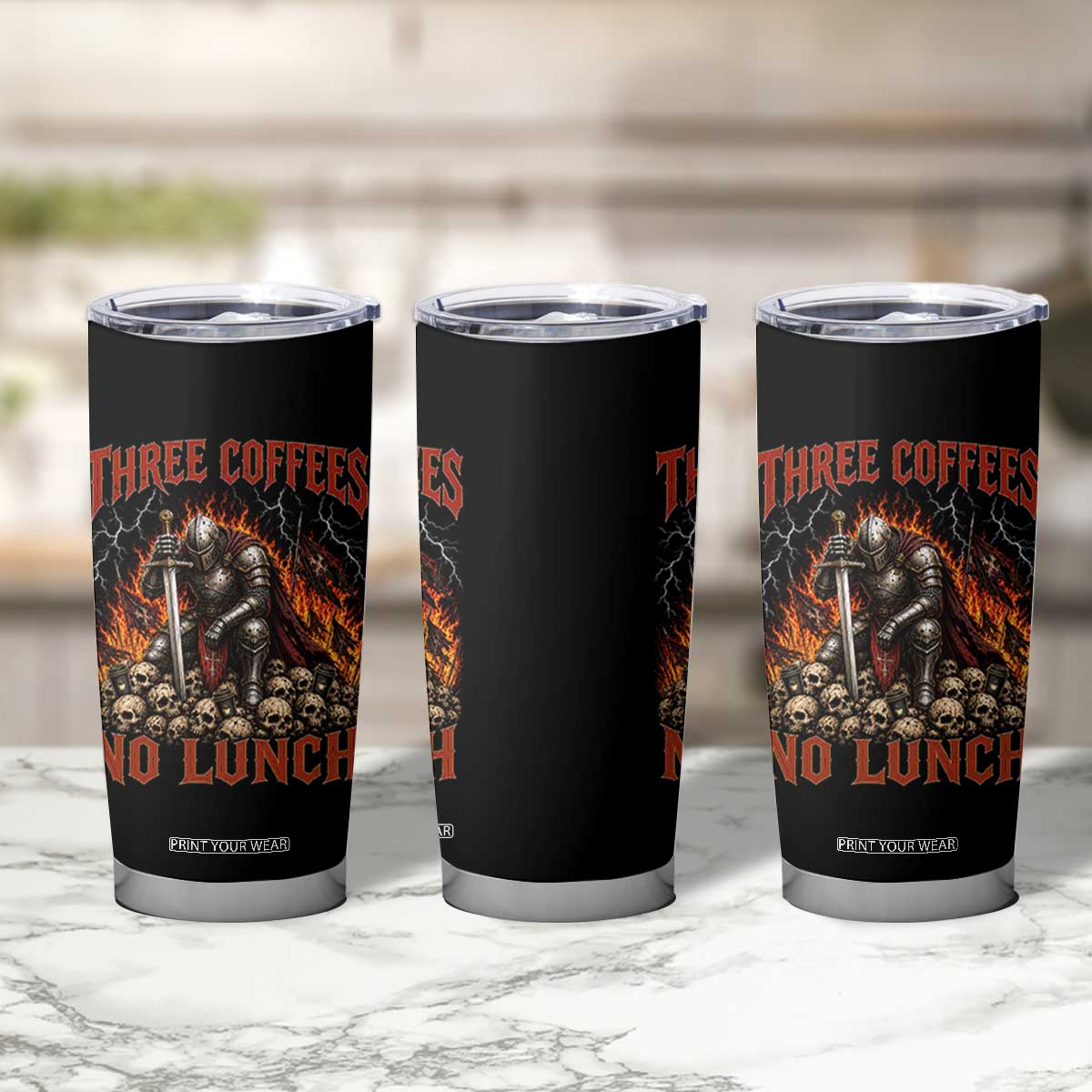 Three Coffees No Lunch Tumbler Cup Funny Medieval Knight Coffee Lover TS11 Print Your Wear
