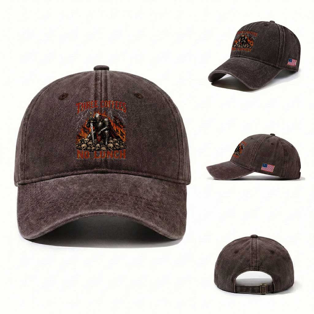 Three Coffees No Lunch Washed Cotton Baseball Cap Funny Medieval Knight Coffee Lover TS11 Washed Cap Universal Fit Dark Brown Print Your Wear