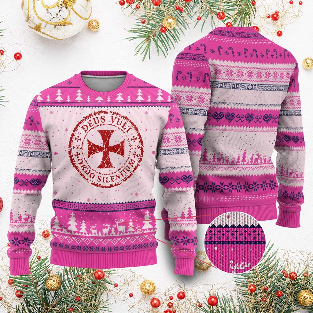 Deus Vult Ordo Silentium Knights Templar Est 1119 Ugly Christmas Sweater Crusader Cross TS11 Hot Pink Print Your Wear
