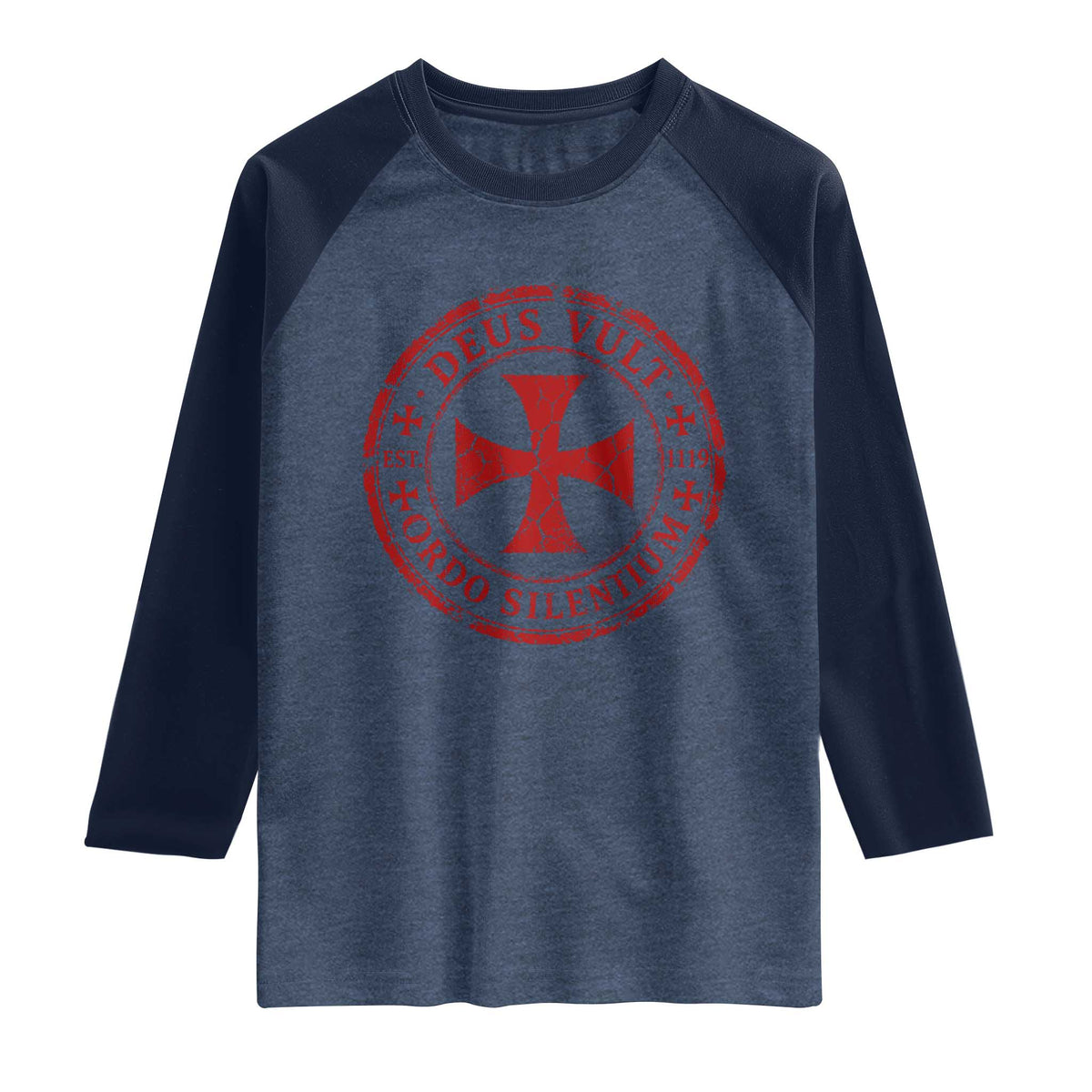 Deus Vult Ordo Silentium Knights Templar Est 1119 Raglan Shirt Crusader Cross TS11 Heather Denim Navy Print Your Wear