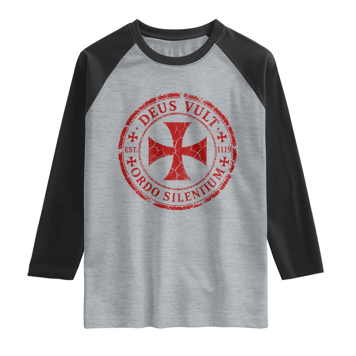 Deus Vult Ordo Silentium Knights Templar Est 1119 Raglan Shirt Crusader Cross TS11 Heather Gray Black Print Your Wear
