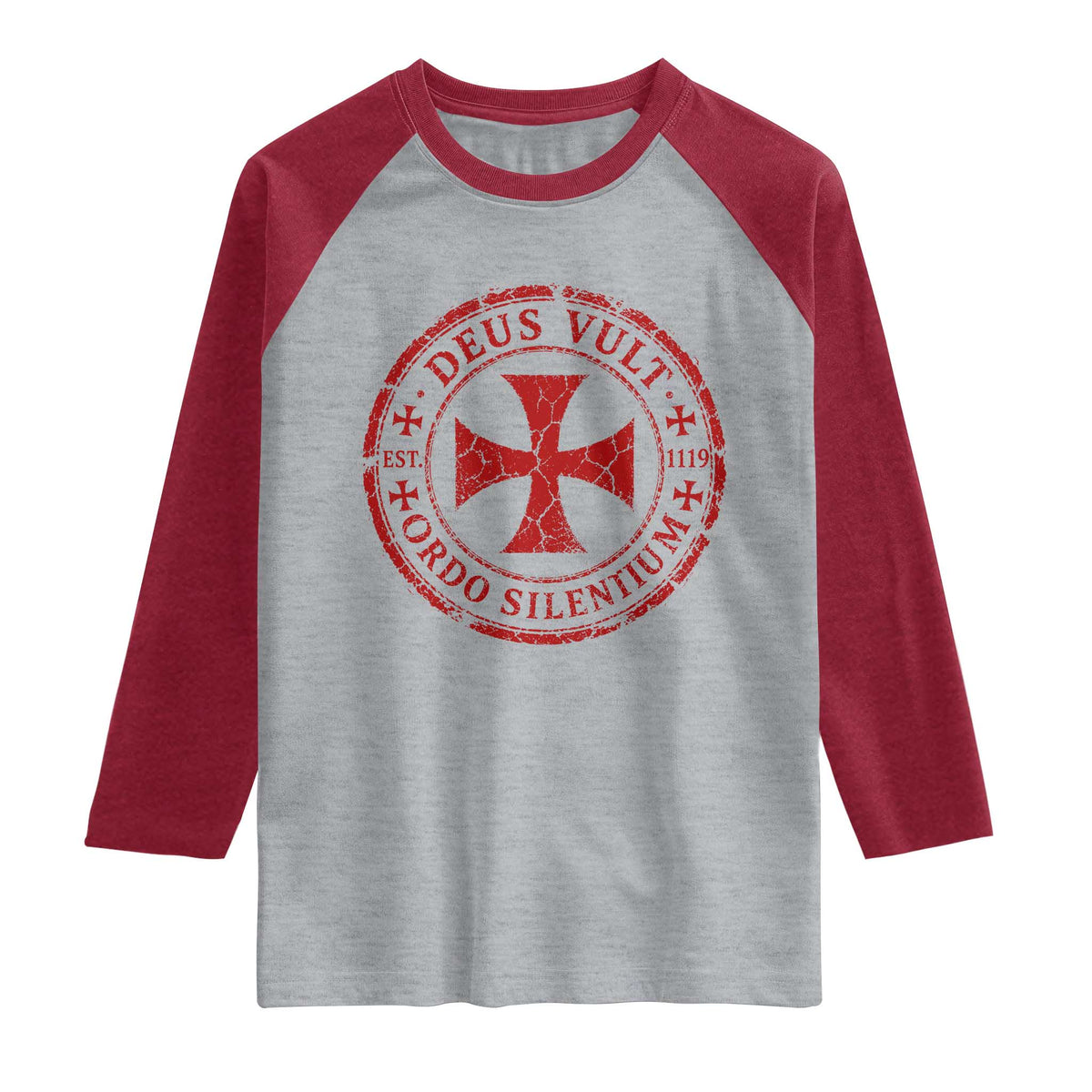 Deus Vult Ordo Silentium Knights Templar Est 1119 Raglan Shirt Crusader Cross TS11 Heather Gray Heather Red Print Your Wear