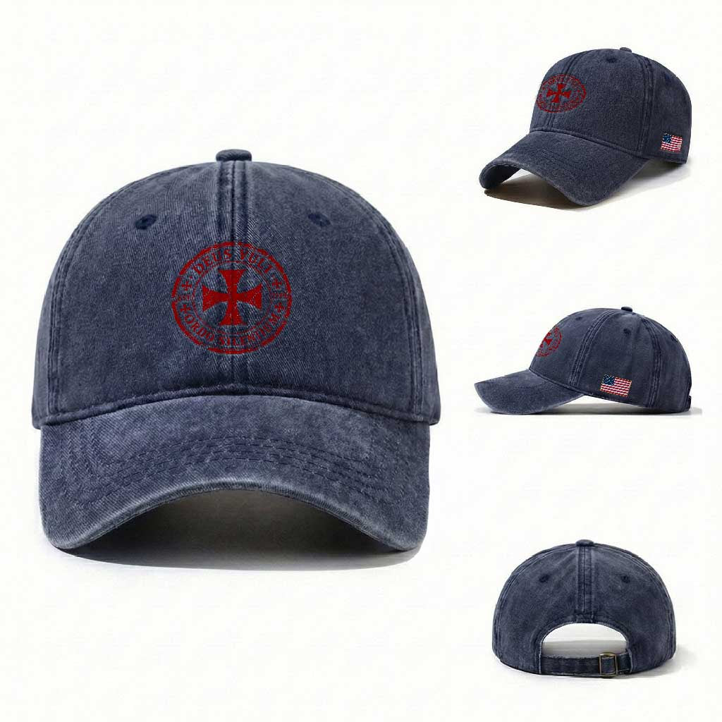 Deus Vult Ordo Silentium Knights Templar Est 1119 Washed Cotton Baseball Cap Crusader Cross TS11 Washed Cap Universal Fit Navy Print Your Wear