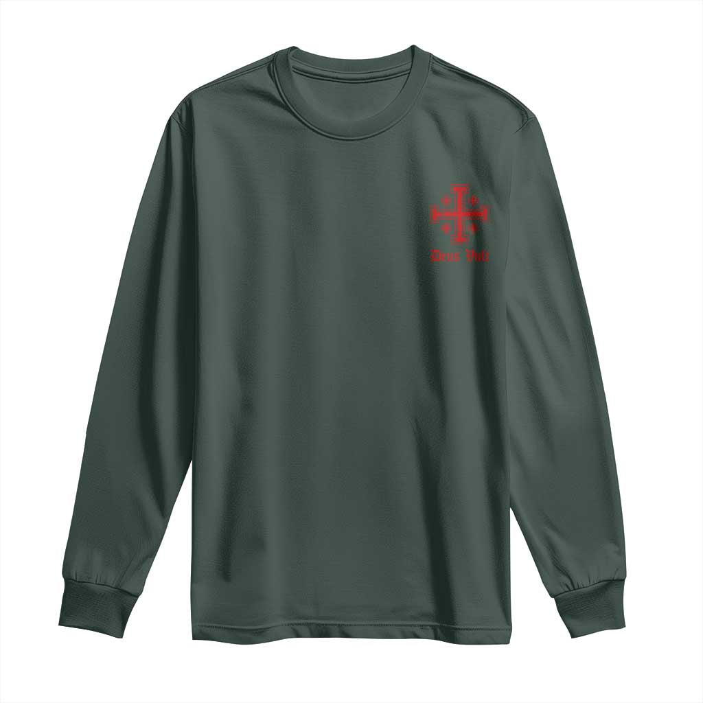 Deus Vult Catholic Knight Templar Jerusalem Cross Long Sleeve Shirt TS11 Dark Forest Green Print Your Wear