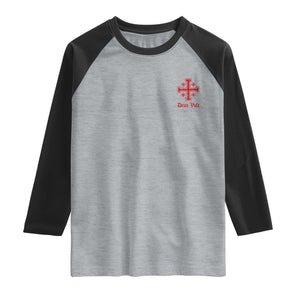 Deus Vult Catholic Knight Templar Jerusalem Cross Raglan Shirt TS11 Heather Gray Black Print Your Wear