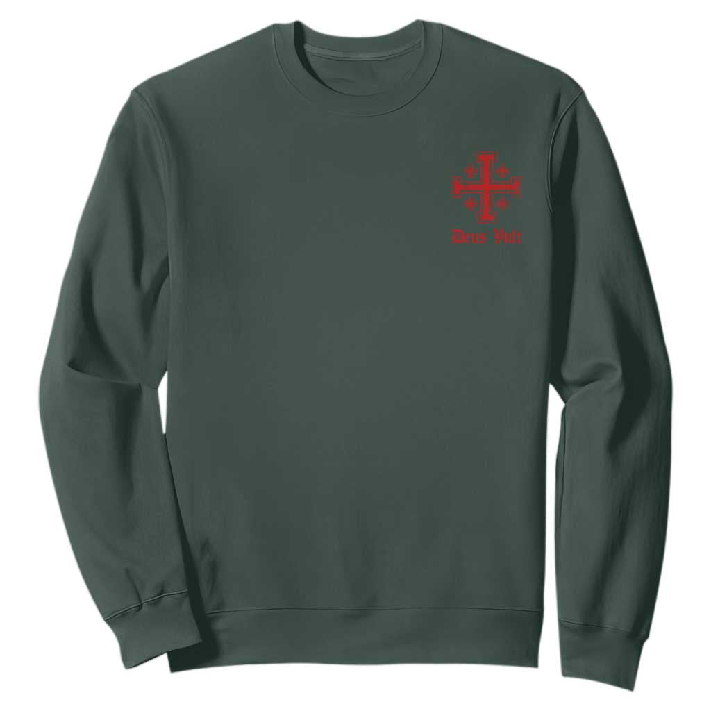 Deus Vult Catholic Knight Templar Jerusalem Cross Sweatshirt TS11 Dark Forest Green Print Your Wear