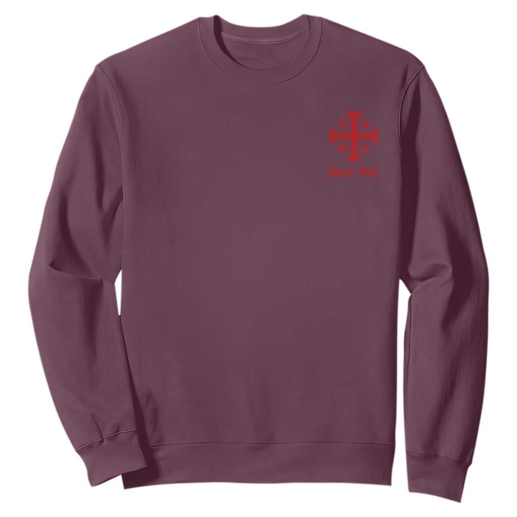 Deus Vult Catholic Knight Templar Jerusalem Cross Sweatshirt TS11 Maroon Print Your Wear