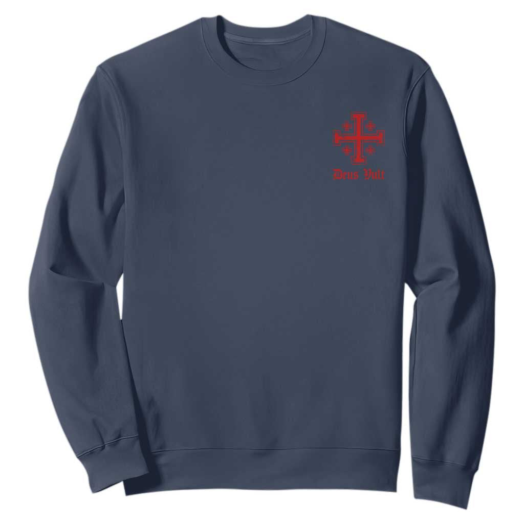 Deus Vult Catholic Knight Templar Jerusalem Cross Sweatshirt TS11 Navy Print Your Wear