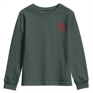 Deus Vult Catholic Knight Templar Jerusalem Cross Youth Sweatshirt TS11 Dark Forest Green Print Your Wear