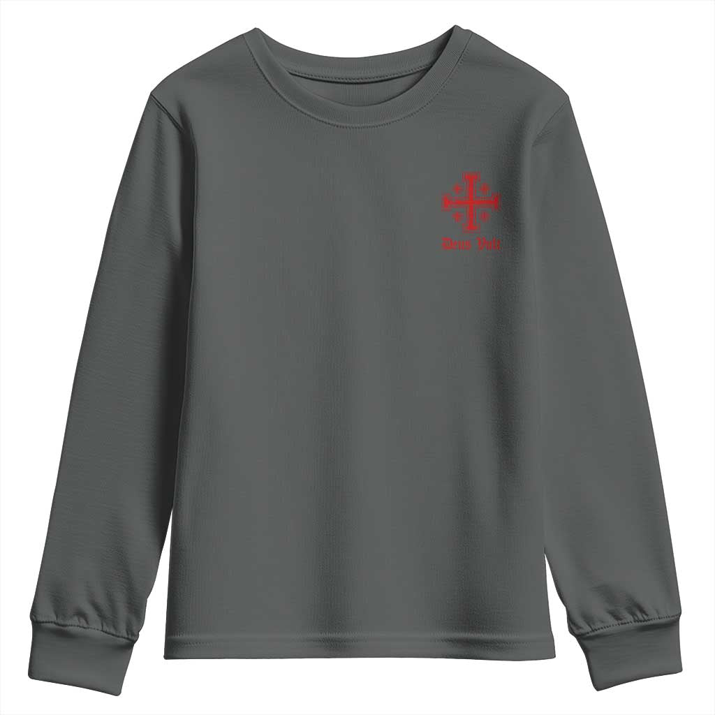 Deus Vult Catholic Knight Templar Jerusalem Cross Youth Sweatshirt TS11 Dark Heather Print Your Wear