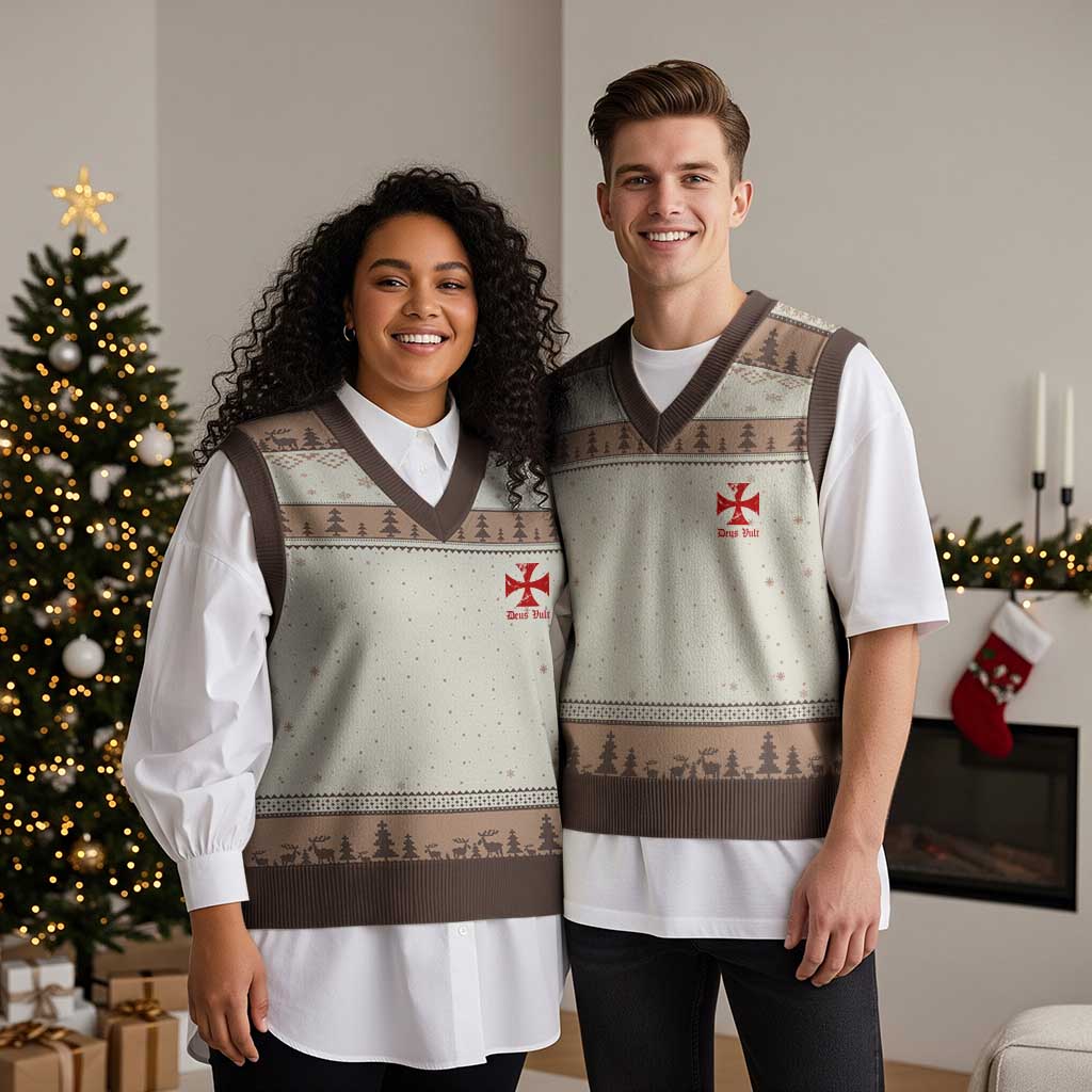 Deus Vult Catholic Knight Templar Crusader Cross Faith V-Neck Knit Sweater Vest TS11 Mocha Mousse Print Your Wear